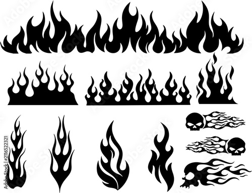 Tribal flame silhouettes and racing fire decals, black hot rod vinyl stickers with skulls, motorcycle gas tank graphics and automotive flame vector set