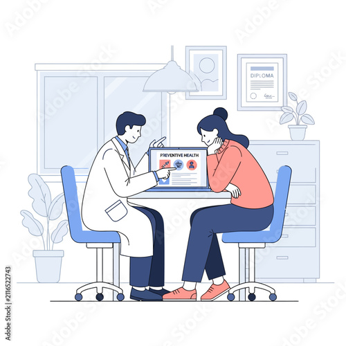 Doctor Advising Patient On Preventive Healthcare Utilizing Technology In Clinic