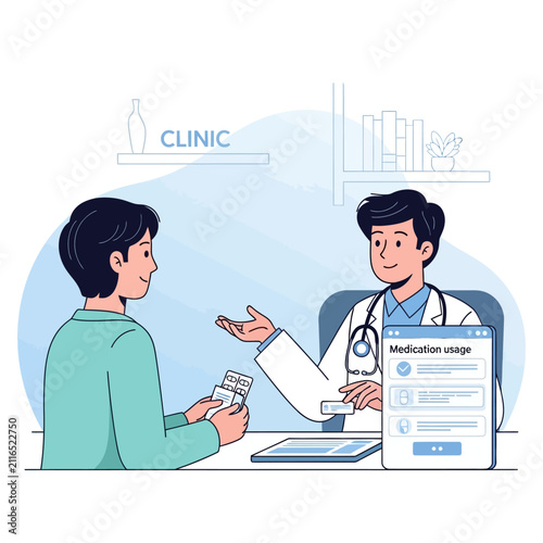 Doctor Advising Patient On Medication Usage With Clinic Setting
