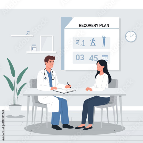 Doctor Advising Patient On Recovery Plan In Clinic