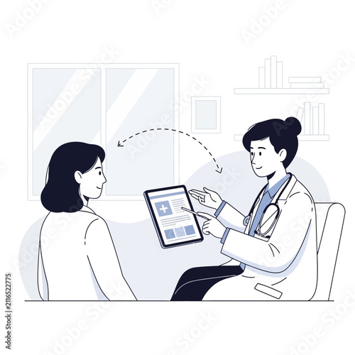 Doctor Advising Patient On Tablet Healthcare Consultation Modern Medical Illustration