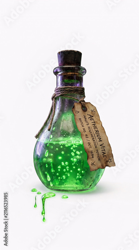 Glass potion bottle with glowing green liquid. Magic elixir flask with a vintage label.
