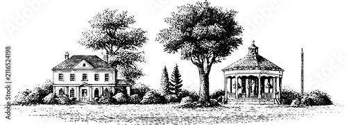 Vintage engraved village green scene with pub and bandstand for background and poster design