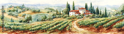 Panoramic Tuscan vineyard landscape with rustic farmhouse, watercolor painting style