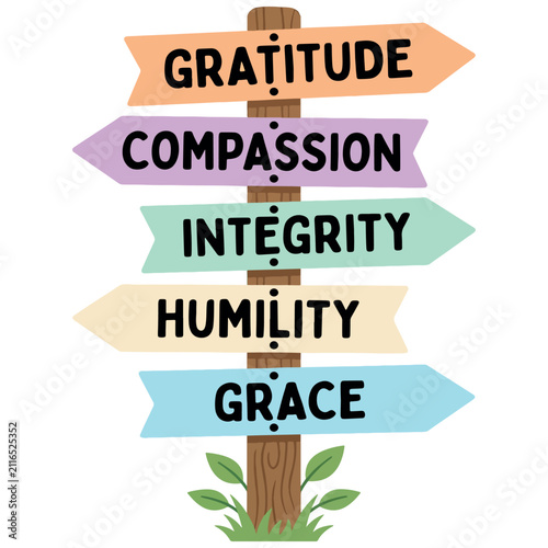 Bild auf Leinwand Wooden signpost with multiple colorful arrows containing virtues like gratitude compassion integrity humility and grace isolated on white for character education concept art