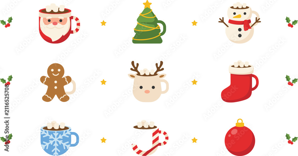 Fototapeta premium Cute Christmas Mug and Hot Cocoa Cup Vector Icon Set Featuring Santa Snowman Reindeer Gingerbread and Tree Designs for Winter Holiday Graphics