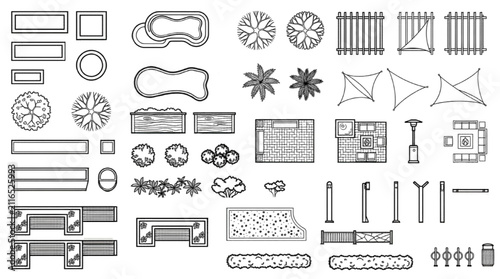 Architectural Landscape Cafe CAD Blocks Top View Vector Symbol Collection