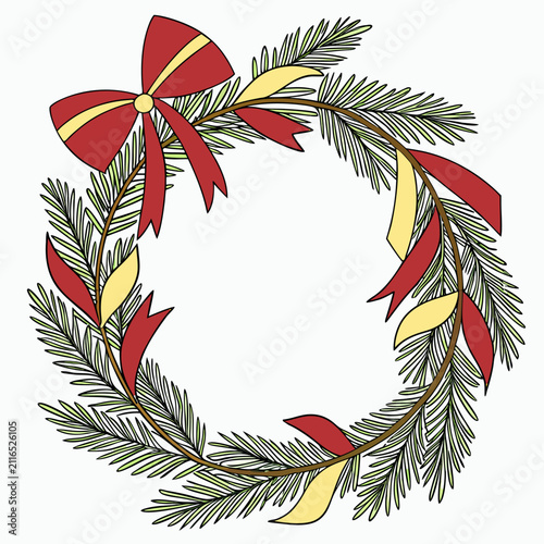 Christmas wreath with red and yellow ribbons and bow isolated on white background. Festive evergreen holiday vector illustration.