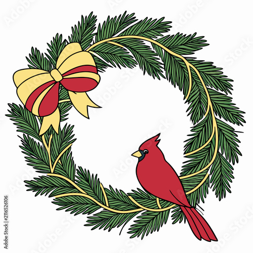Christmas wreath with red cardinal bird and festive bow isolated on white background. Holiday evergreen decoration illustration.