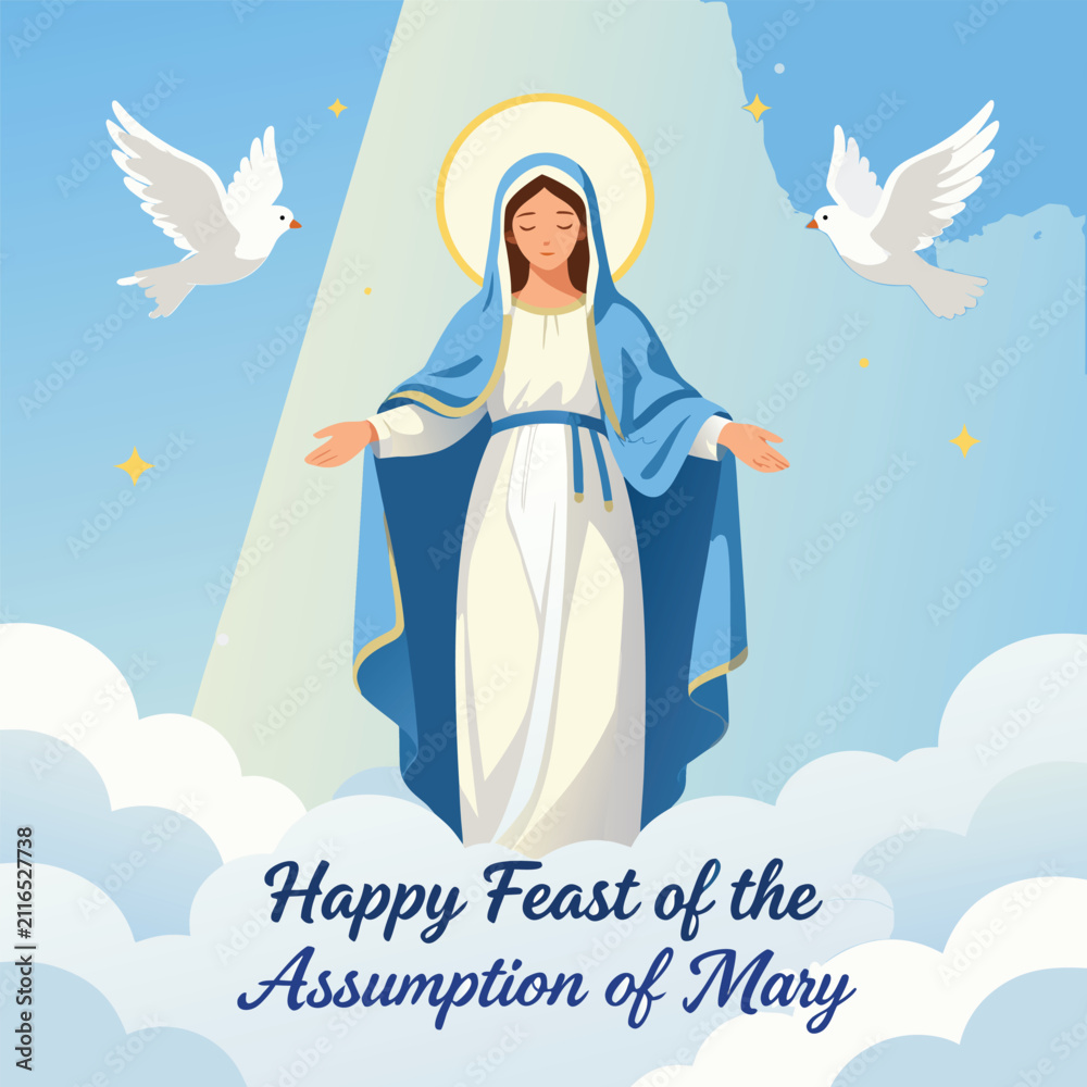 Obraz premium Christian Holy Day Banner | Assumption of the Blessed Virgin Mary with Heavenly Scene