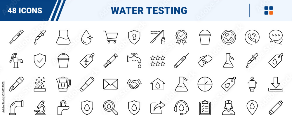 Fototapeta premium Water Quality Testing Icons line icon set. Vector pictograms of analysis, filtration, laboratory, and purity elements, thin linear illustration.