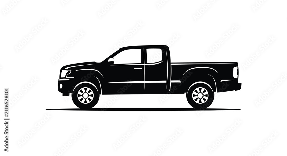 Obraz premium Pickup truck side view in black silhouette against a white background silhouette