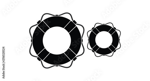 Bild auf Leinwand Life preserver ring silhouettes with rope detail black and white isolated vector