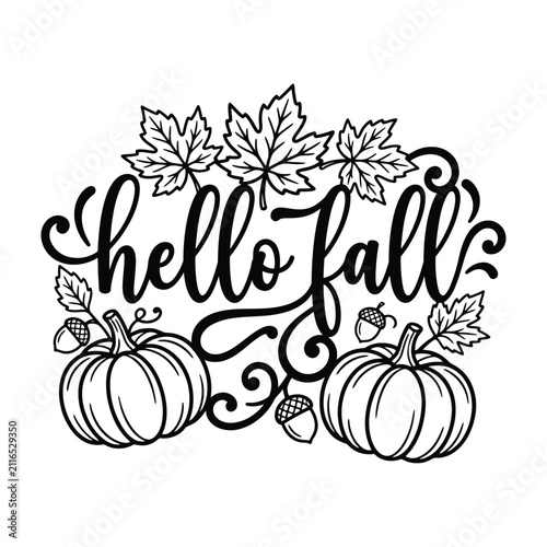 Hello Fall Season Greeting Card Design With Pumpkins And Autumn Leaves