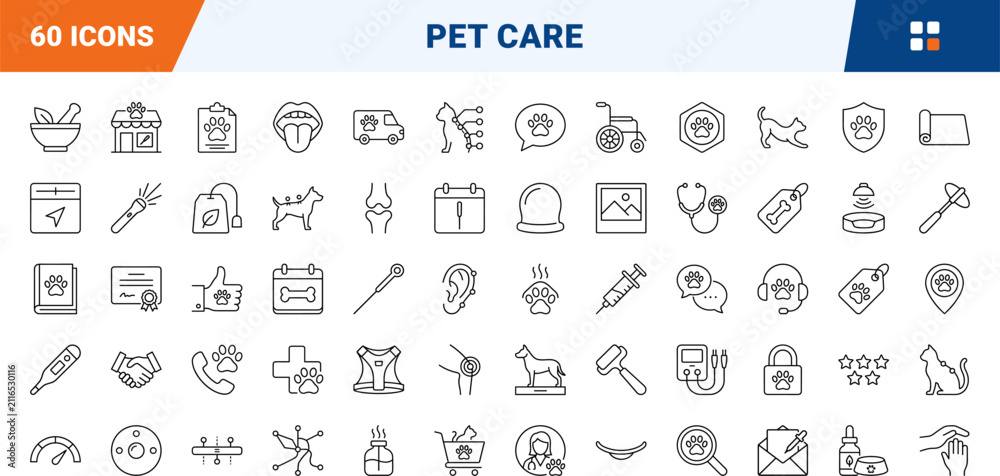 Fototapeta premium Pet acupuncture line icon set. Vector pictograms of veterinary, therapy, holistic, and care elements, thin linear illustration.