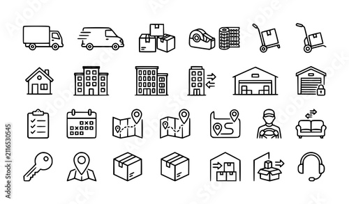 Premium moving service and relocation line icon pack vector