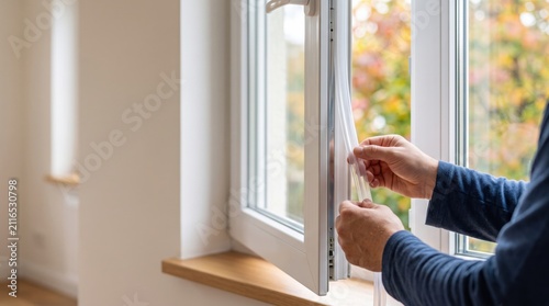 Hands installing self-adhesive weather stripping on a plastic window frame to improve insulation before winter. Home energy efficiency, draft prevention and seasonal home maintenance concept