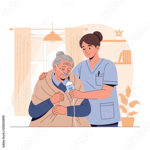 Caring Nurse Supports Elderly Patient Requiring Oxygen Therapy With Gentle Encouragement While In