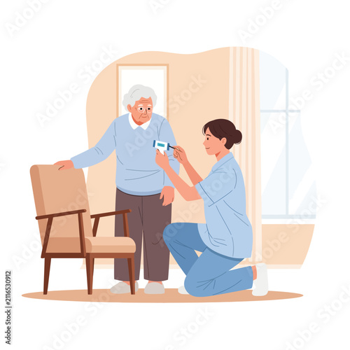 Caring Nurse Takes Elderly Patient's Temperature Helping With Health Check