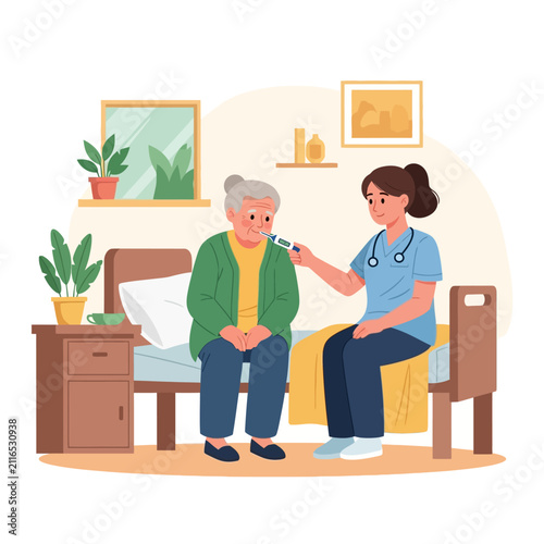 Caring Nurse Takes Elderly Patient's Temperature Providing Comfort and Support