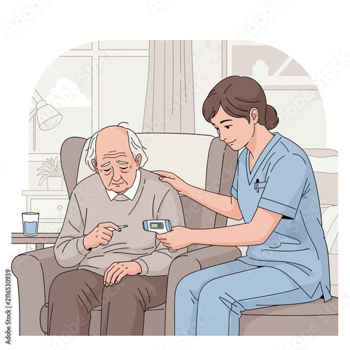 Caring Nurse Takes Senior's Temperature Gently Inside Peaceful Room