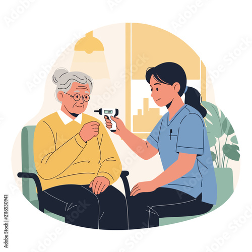 Caring Nurse Takes Elderly Patient's Temperature With Infrared Thermometer At Home