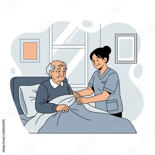 Caring Nurse Tending Elderly Patient In Hospital Bed