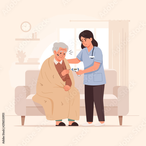 Caring Nurse Takes Temperature Of Elderly Woman Indisposed At Home