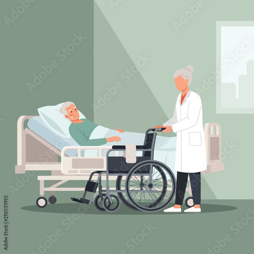 Caring Nurse Wheelchairs Elderly Patient In Hospital Room Gentle Assistance