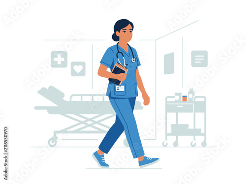 Caring Nurse Walking Through Modern Hospital Corridor Environment Illustration