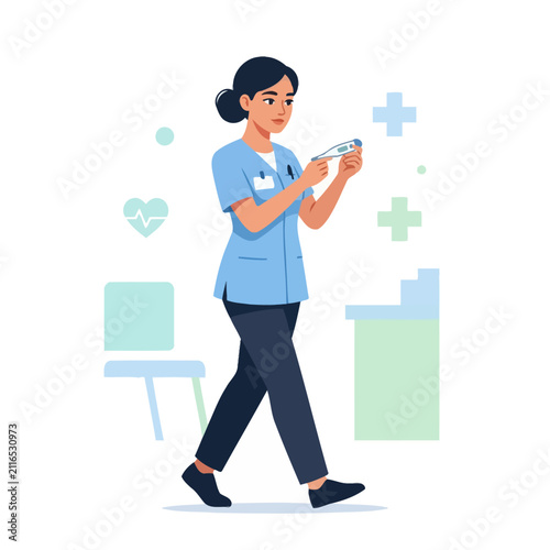 Caring Nurse With Thermometer In Healthcare Setting