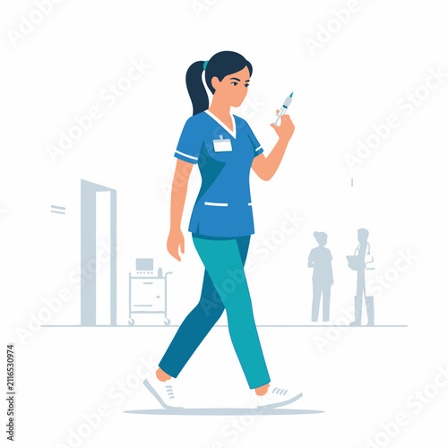 Caring Nurse's Determined Walk Holding Syringe Ready For Service