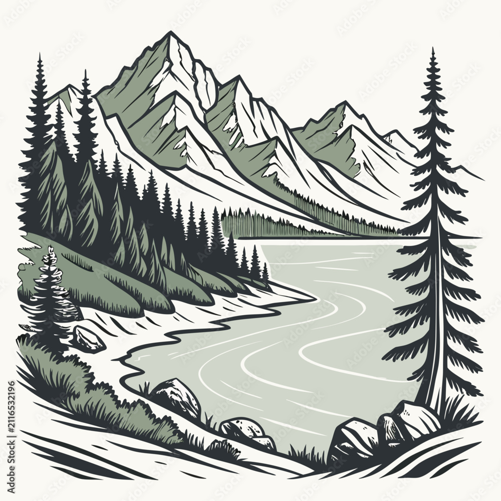 Fototapeta premium Vintage hand drawn mountain lake landscape with evergreen forest, mountain