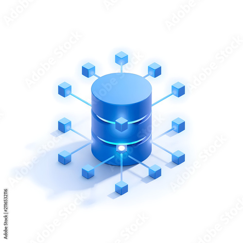 Blue Database Server Icon with Connected Network Nodes on White Background