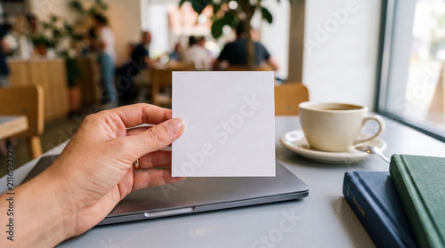 First-Person POV Hand Holding Blank Square Card Mockup in a Cafe Workspace