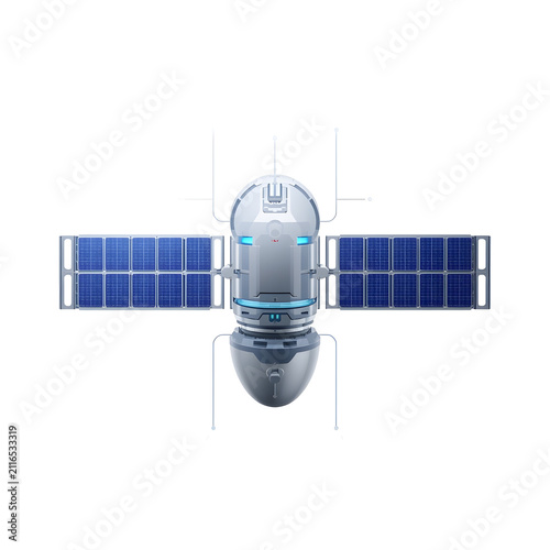 Communication Satellite Icon Orbiting Earth on White Background