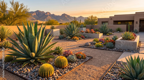 This beautiful and highly detailed stock photograph captures a perfectly designed desert drought tolerant exterior landscape featuring beautiful green cactus flora today.