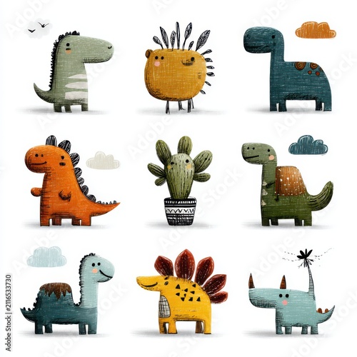 Cute Pixel Art Dinosaurs Collection, Cartoon Prehistoric Animals with Volcano and Plant, Whimsical Digital Art for Children's Themes and Creative Projects