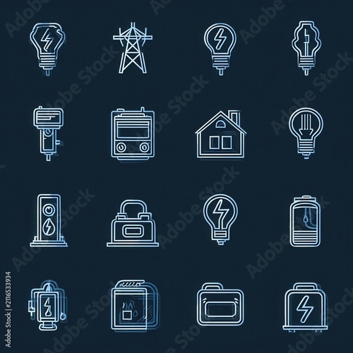Energy and Power Supply Line Icons Set: Electricity, Gas, Battery and Transmission Tower Outline Symbols