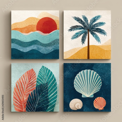Textured Triptych Art of Beach Sunset, Ocean Waves, and Palm Tree, Abstract Summer Landscape with Vibrant Retro Grain Effect