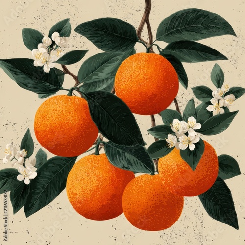 Vibrant Oranges on a Branch with Leaves and White Blossoms, A Classic Botanical Illustration of Citrus Fruit and Floral Beauty