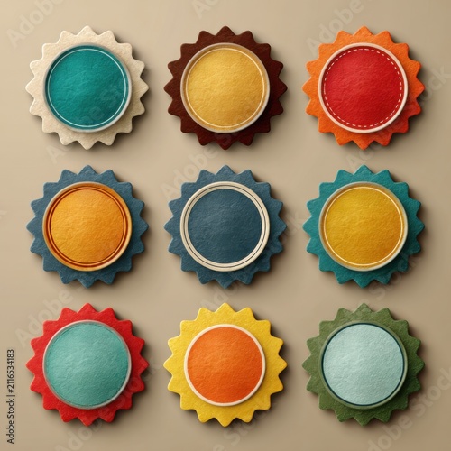 Colorful vintage textured fabric badges with scalloped edges and stitching, Versatile graphic elements for unique branding and special offers