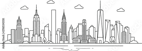 New York City skyline outline drawing with iconic skyscrapers vector