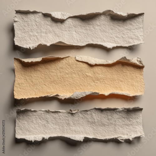 Six textured handmade paper pieces with torn edges displayed elegantly for artistic and design projects