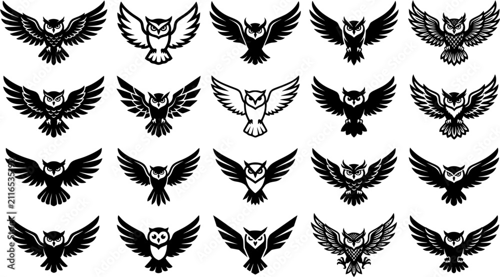 Fototapeta premium Flying Owl Silhouette Icon Set with Spread Wings in Black and White