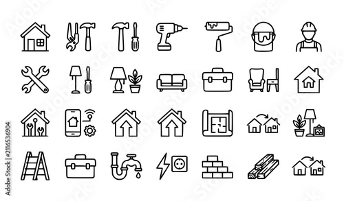 Premium home improvement and renovation line icon pack vector