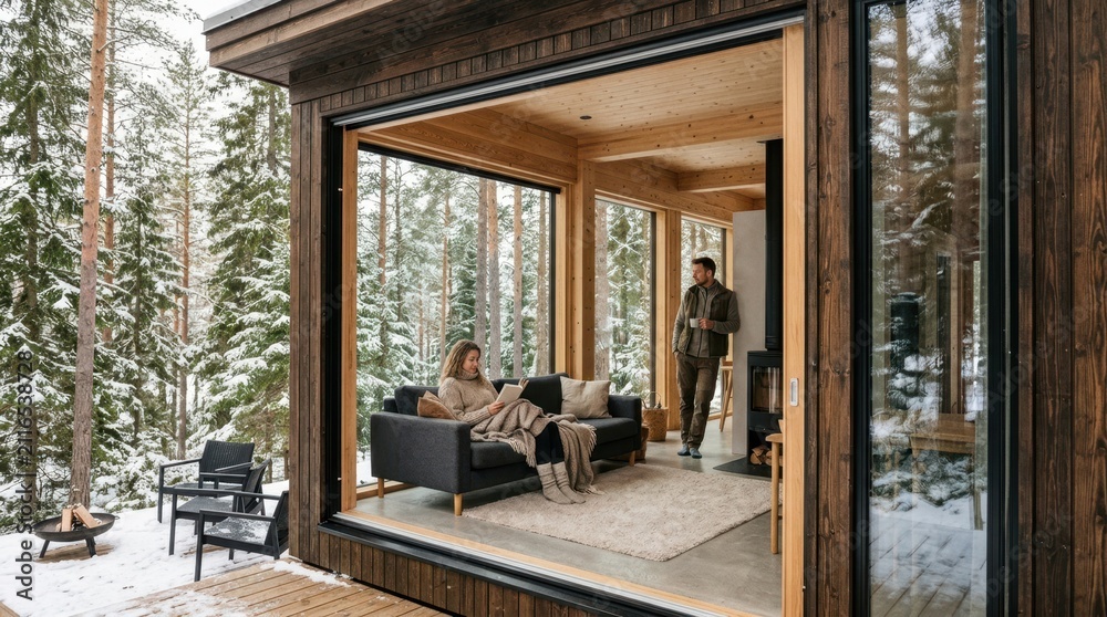 Obraz premium Cozy winter cabin retreat with couple enjoying indoor relaxation and snowy forest views
