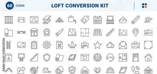 Loft conversion builder art line icon set. Vector pictograms of roof, extension, attic, and renovation elements, thin linear illustration.
