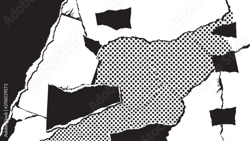 Abstract black and white paper collage with torn edges and halftone dot patterns