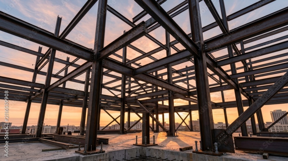 Fototapeta premium Steel beam structural framework of a building under construction. Low angle view of industrial metal skeleton at sunset. Architecture and civil engineering concept
